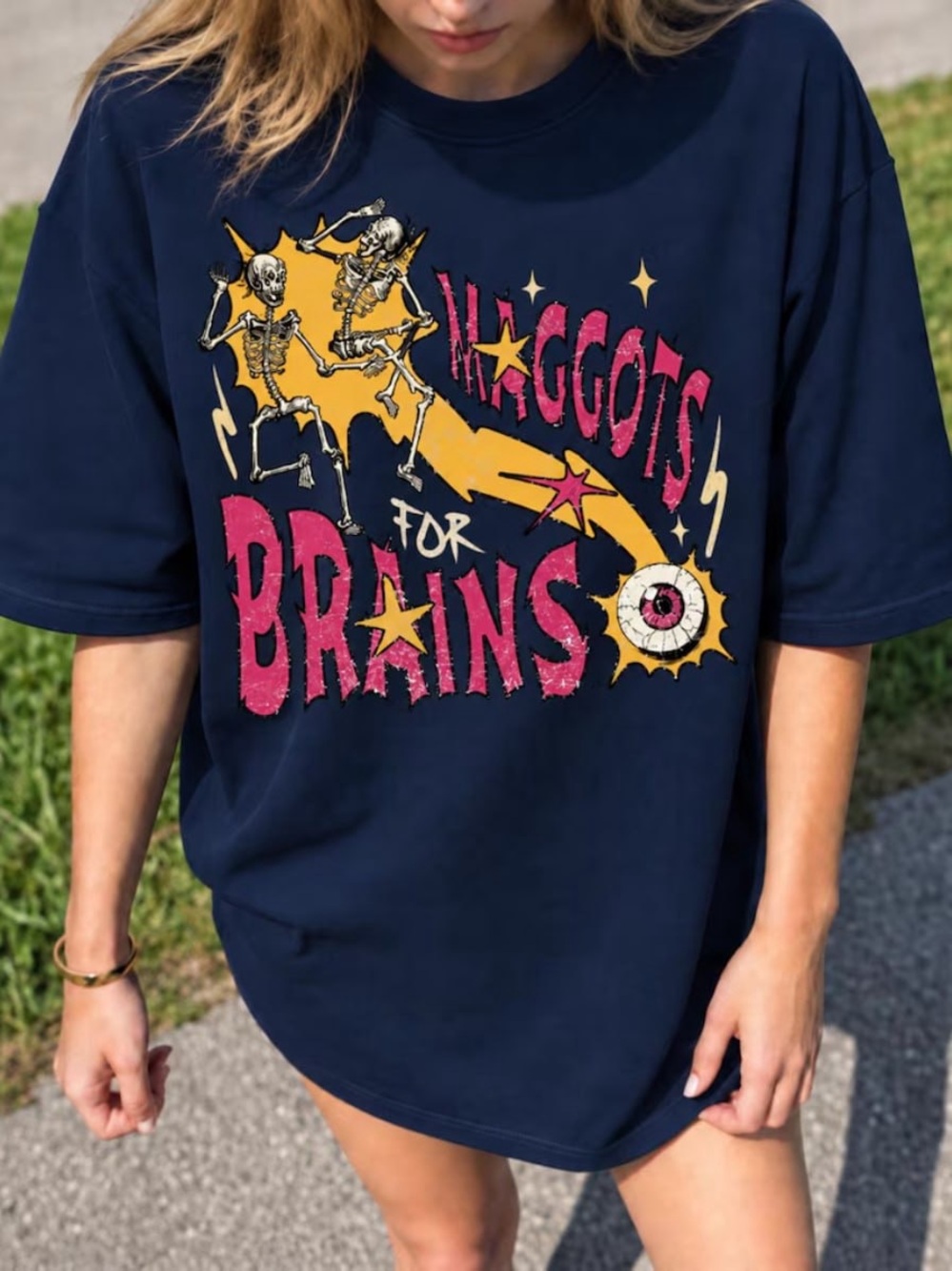 Navy Maggots for Brains Graphic Tee with Pink & Yellow Accents